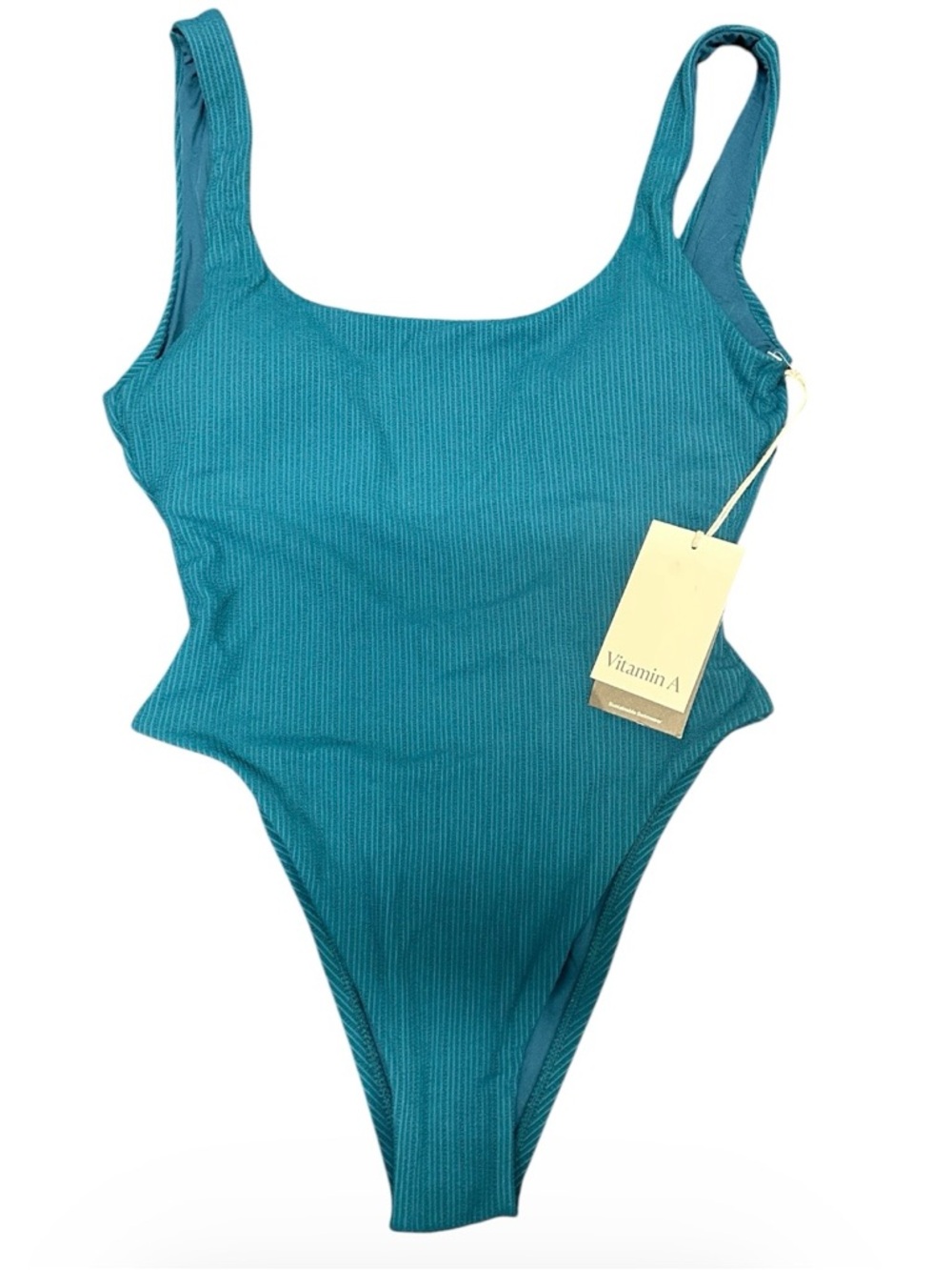 Vitamin A Ribbed One Piece Swimsuit Teal able Scoop Neck Sustainable Size M NWT